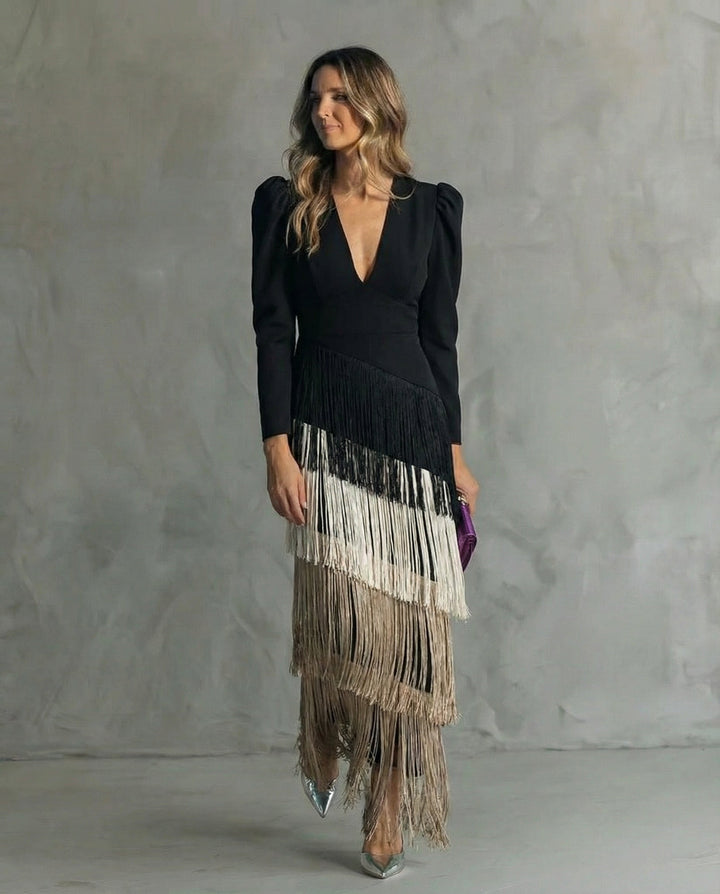 Susie | Elegante jurk with fringe sleeves
