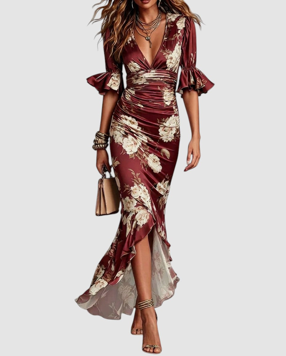 Valentina | Satijnen midi jurk met bloemenprint