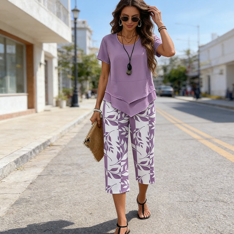 Susan | Casual ronde hals layered top and wide-leg broek set