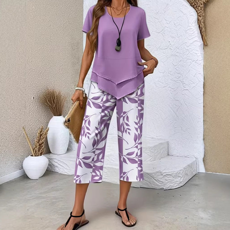 Susan | Casual ronde hals layered top and wide-leg broek set