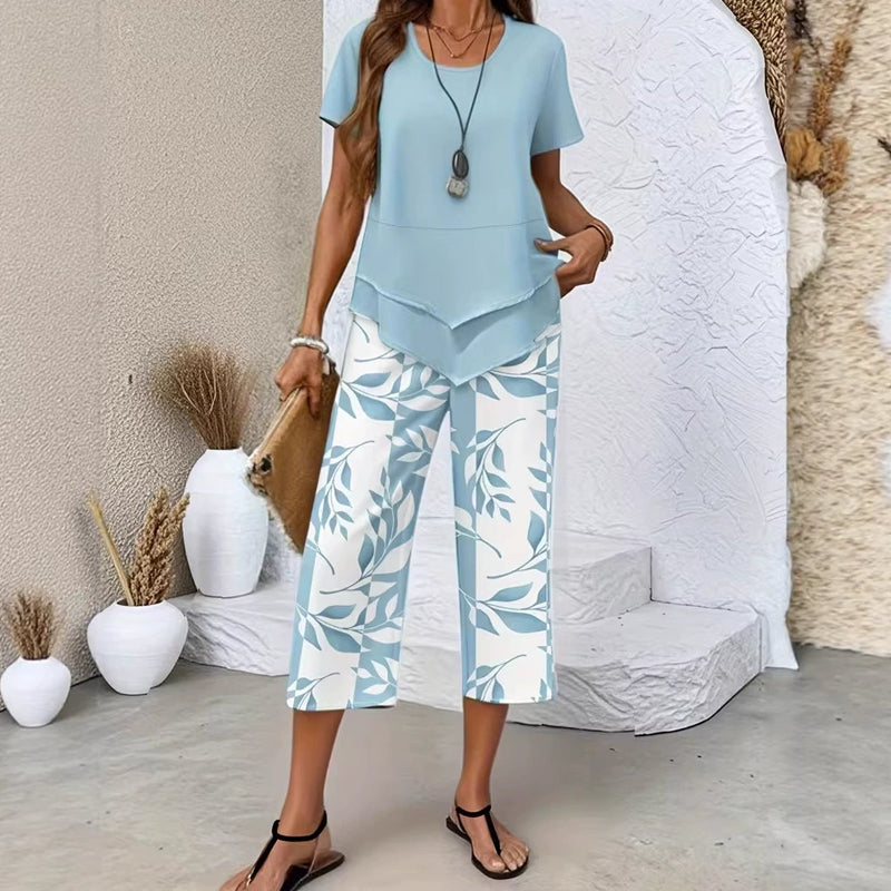 Susan | Casual ronde hals layered top and wide-leg broek set