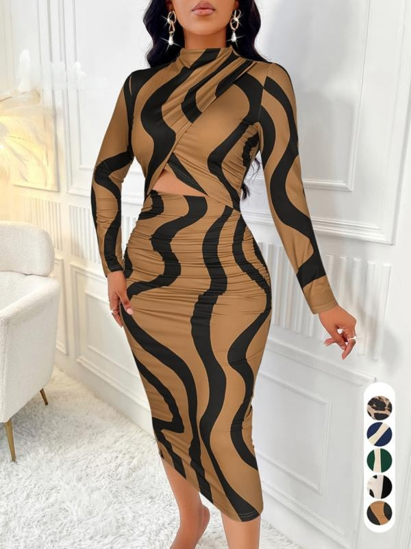 Ara™ | Colorblock print cut-out bodycon jurk for spring & fall