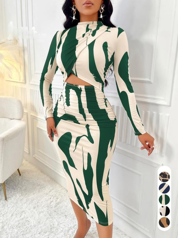 Ara™ | Colorblock print cut-out bodycon jurk for spring & fall
